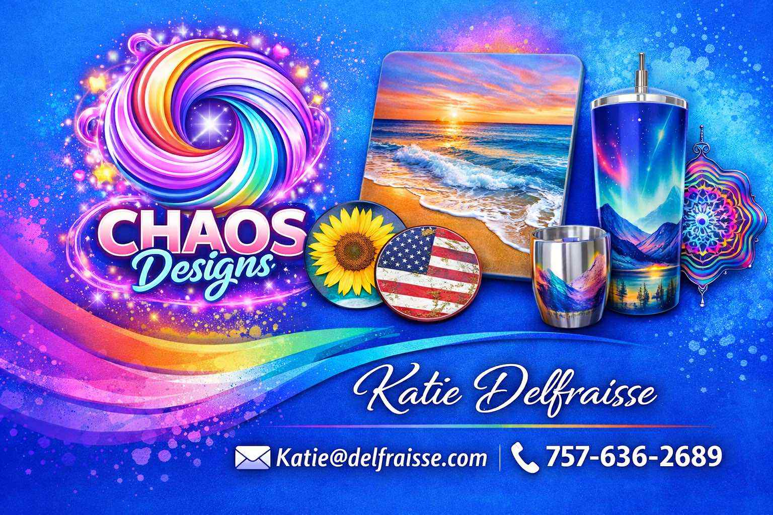 Chaos Designs branding reference with rainbow gradients and custom products.